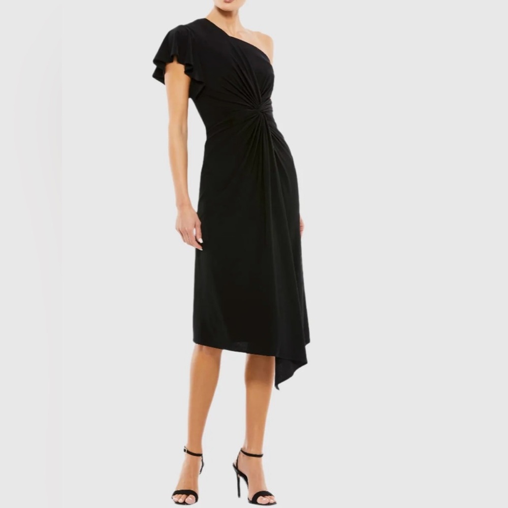 Nwt Mac Duggal One Shoulder Midi Length Jersey Black Dress